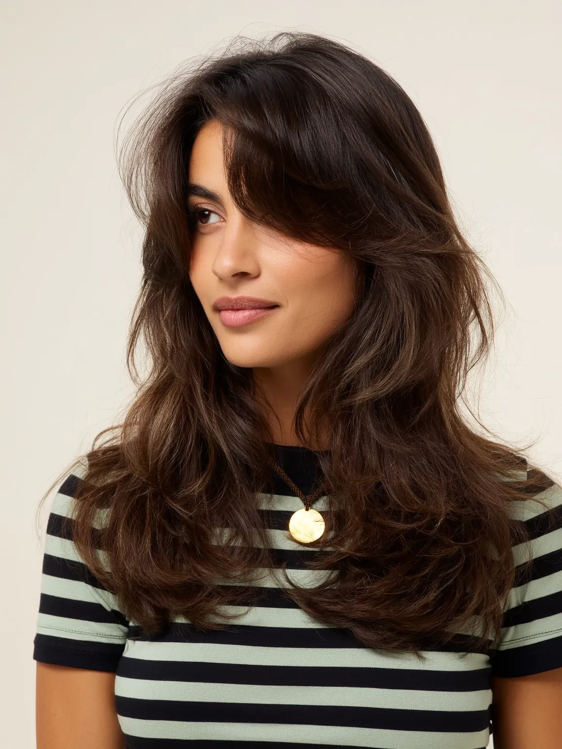 Long Layered Waves with Rich Chestnut Curtain Bangs